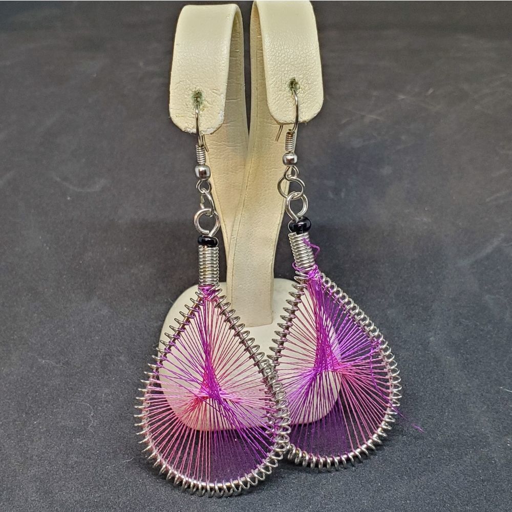 Purple & Silver Tone Dangling Teardrop Earrings - Picture 2 of 2